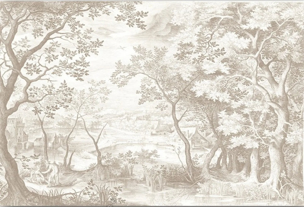 Application du papier peint arbre noir et blanc derrière un téléviseur