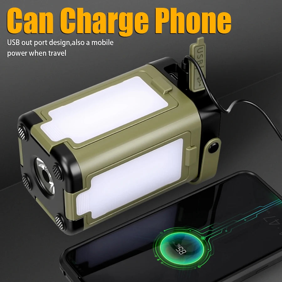 lampe camping solaire rechargeable led vert olive noir moderne modes affichage puissance poignée amovible