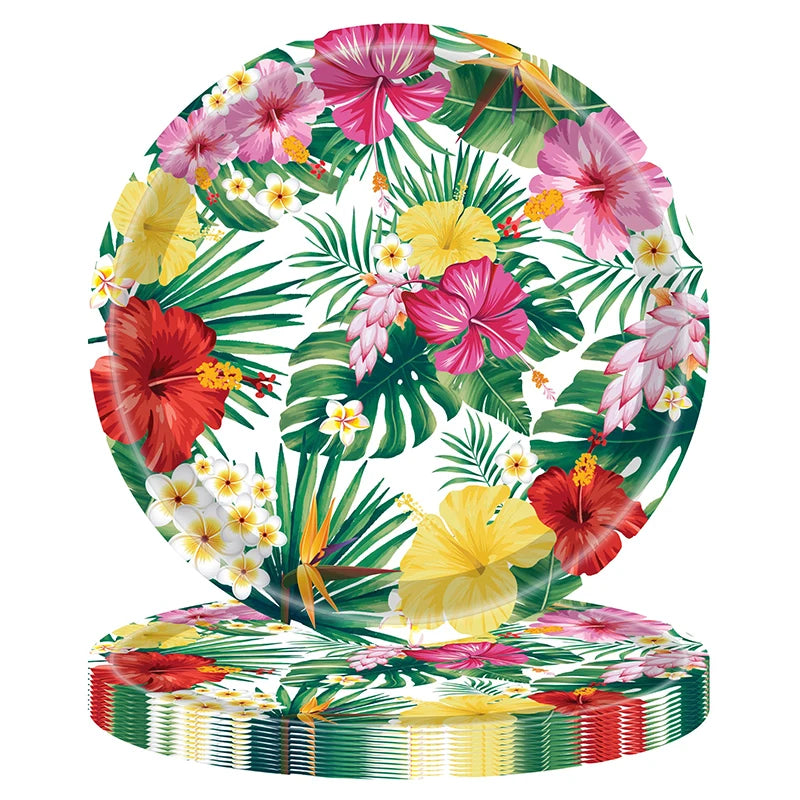 assiettes jetables motifs tropicaux fleurs hibiscus feuilles palmier serviettes table napkins fête anniversaire enfants
