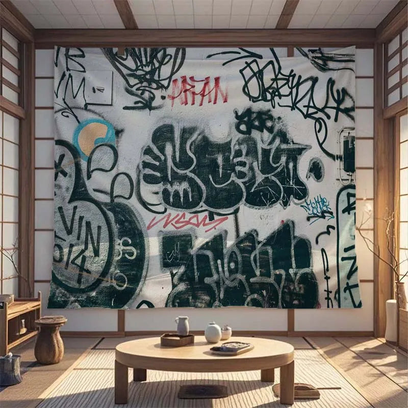 tapisserie graffiti moderne polyestère blanche noire bleue rouge verte urbaine abstraite clips clous adhésif