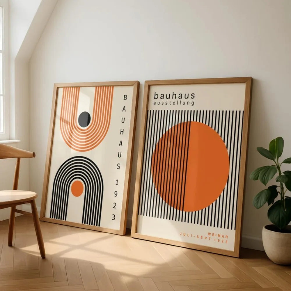 affiche abstraite graphique beige noir orange moderne sans cadre toile chambre salon decoration vertical
