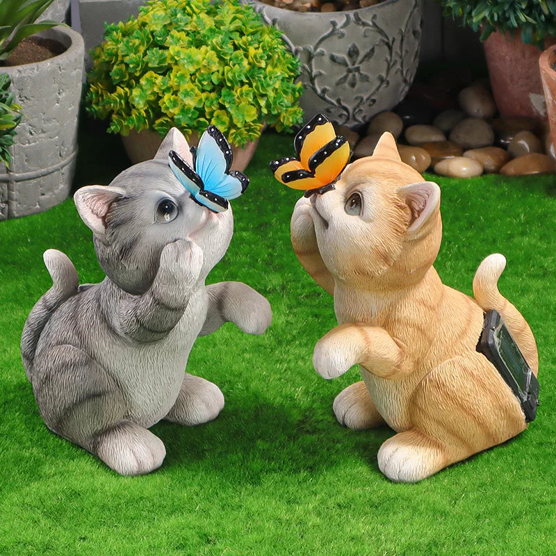 statues chat orange gris réalistes papillons extérieur résine durable decoration jardin enfant
