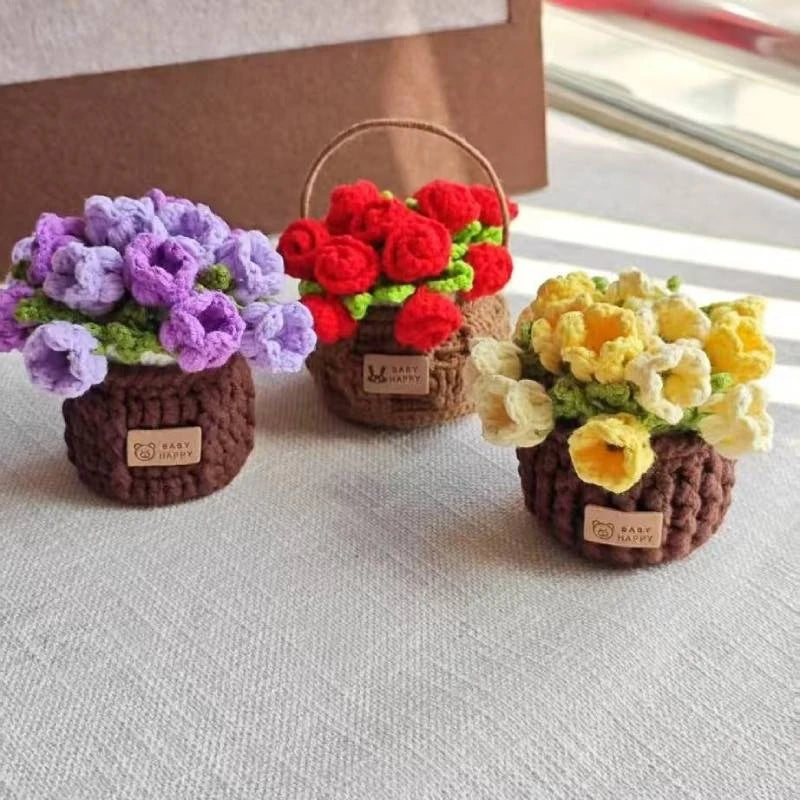 bouquets fleurs tricotées violettes rouges jaunes oranges roses blancs verts main douce décoration maison