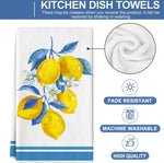 serviettes cuisine rectangulaires blanc jaune bleu citrons fleurs bordure bleue rustique 60x40cm adaptable table