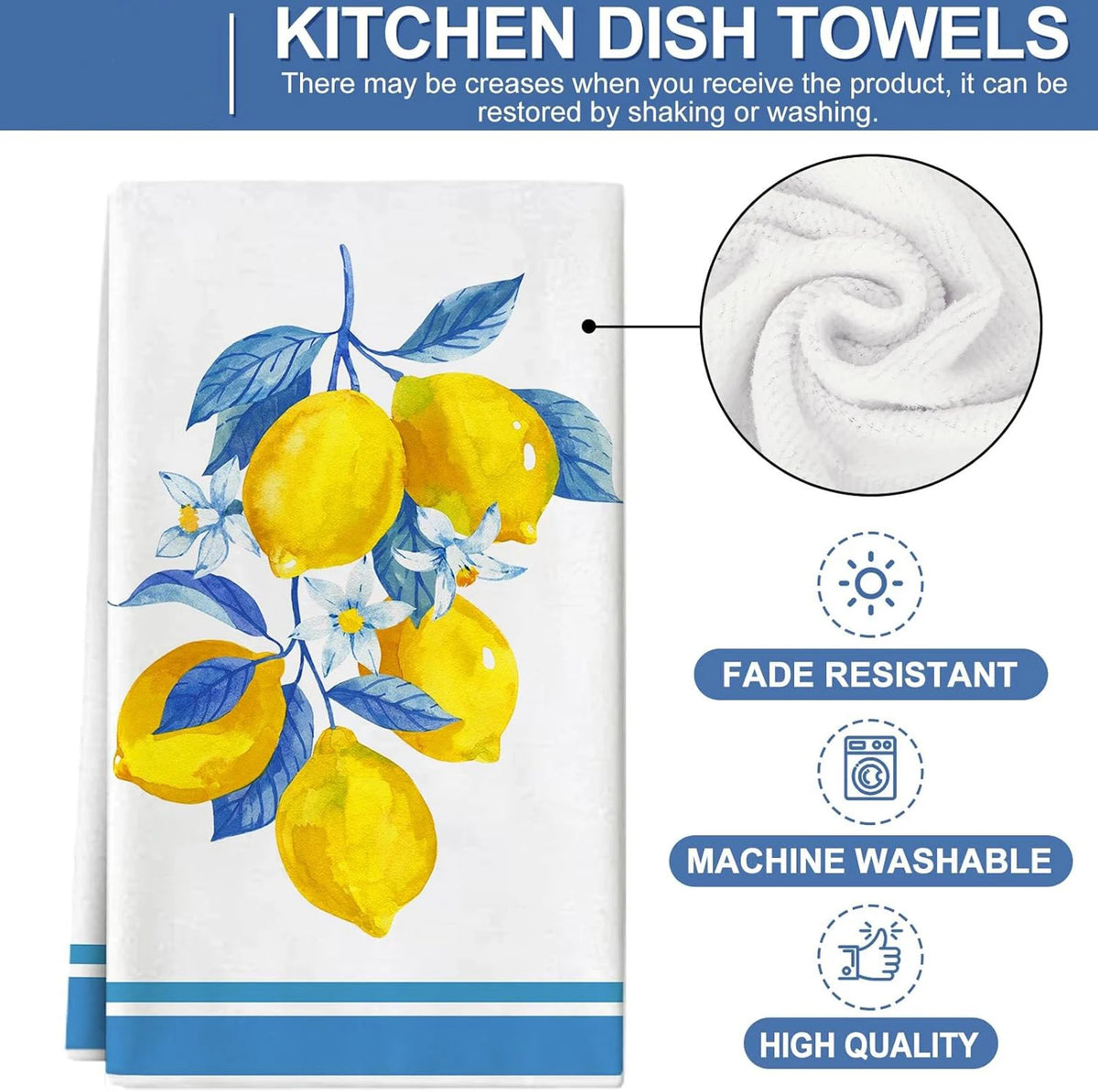 serviettes cuisine rectangulaires blanc jaune bleu citrons fleurs bordure bleue rustique 60x40cm adaptable table