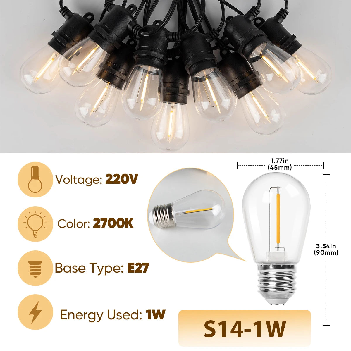 guirlande lumineuse led jaune 10m 10ampoules extérieur imperméable jardin festive