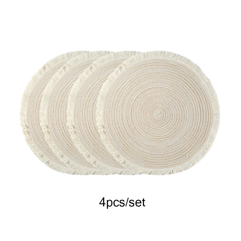 tapis table tressés spirale concentrique marron clair beige franges blanches rustiques naturels 38cm 4pcs