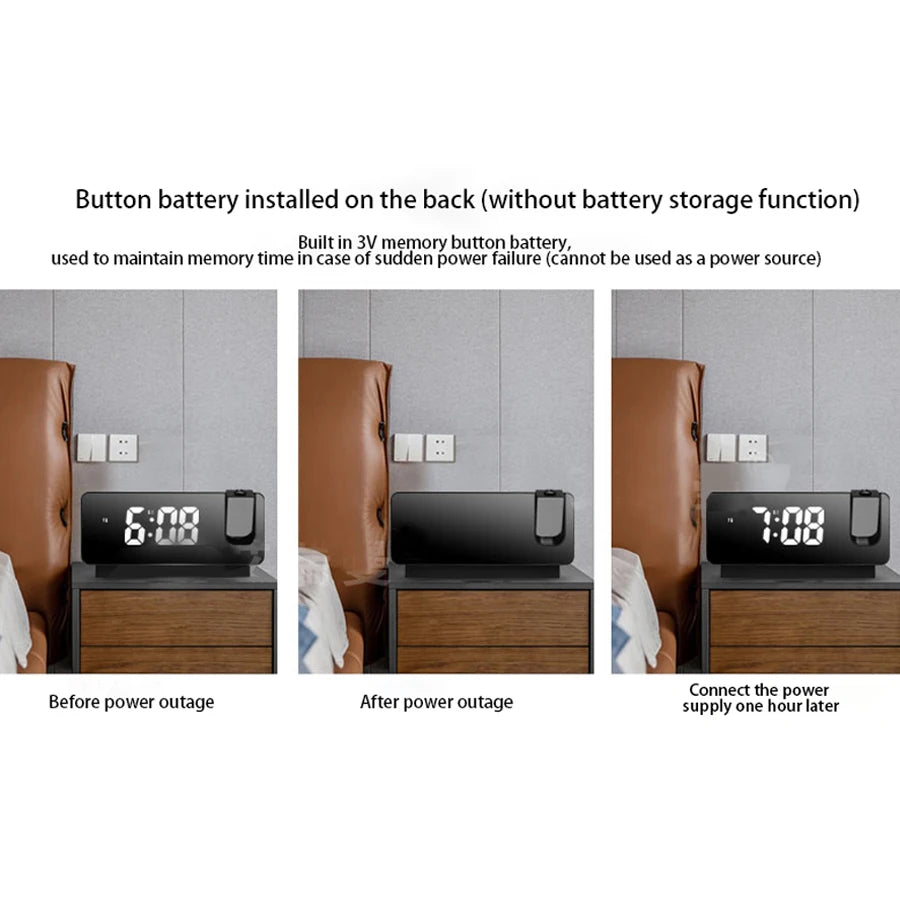 réveil numérique moderne projection horloge miroir noir blanc gris adjustable