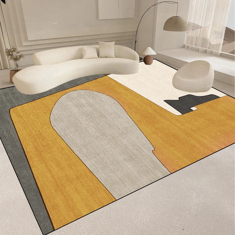 Le tapis de salon moderne dans des tons neutres et géométriques ajoute une belle touche de style épuré et minimaliste à cet espace de vie.