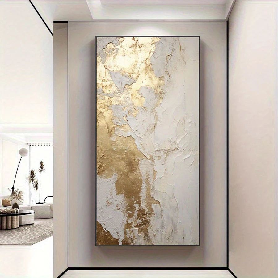 tableau abstrait contemporain toile texturée blanc doré salon chambre sans cadre vertical