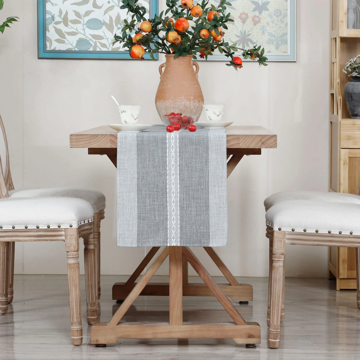 table chevet chemin table rayé brodé gris classique rustique maison coton polyester