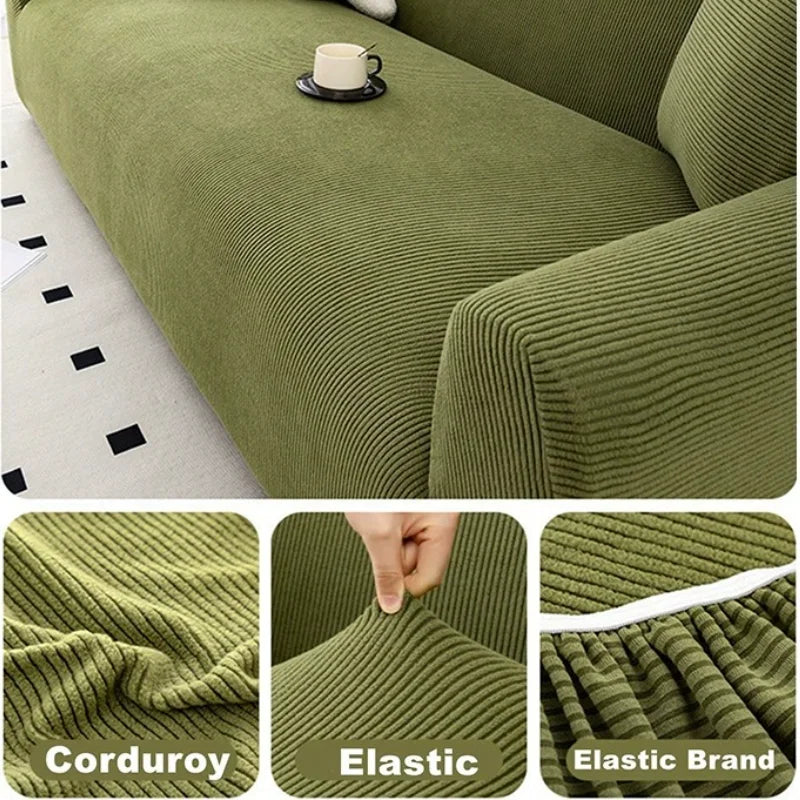 Housse canapé vert olive rayures moderne 170 240cm fixations invisibles coussin blanc