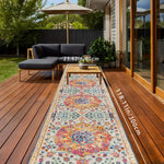 tapis runner ethnique motifs géométriques polyester imperméable rouge orange bleu