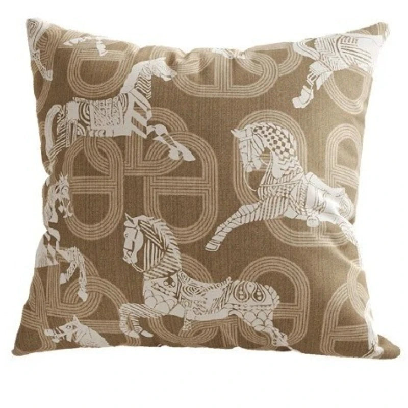 coussin carré moderne imprimé chevaux beige blanc velours 45x45cm 50x50cm 60x60cm decoration salon chambre