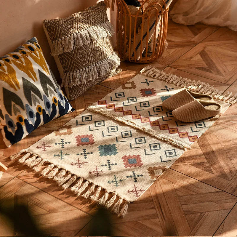 tapis boho chic géométrique coton pompons antidérapant intérieur étoiles cercles triangles