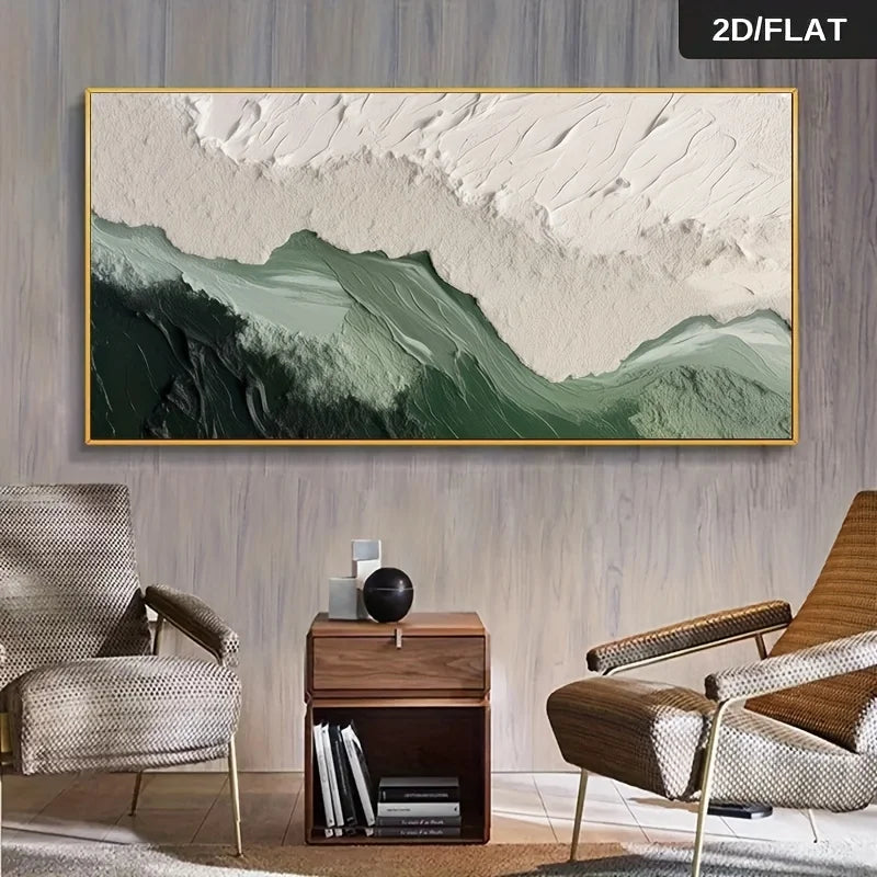tableau abstrait contemporain toile peinture verte blanc gris sans cadre moderne décoration murale chambre