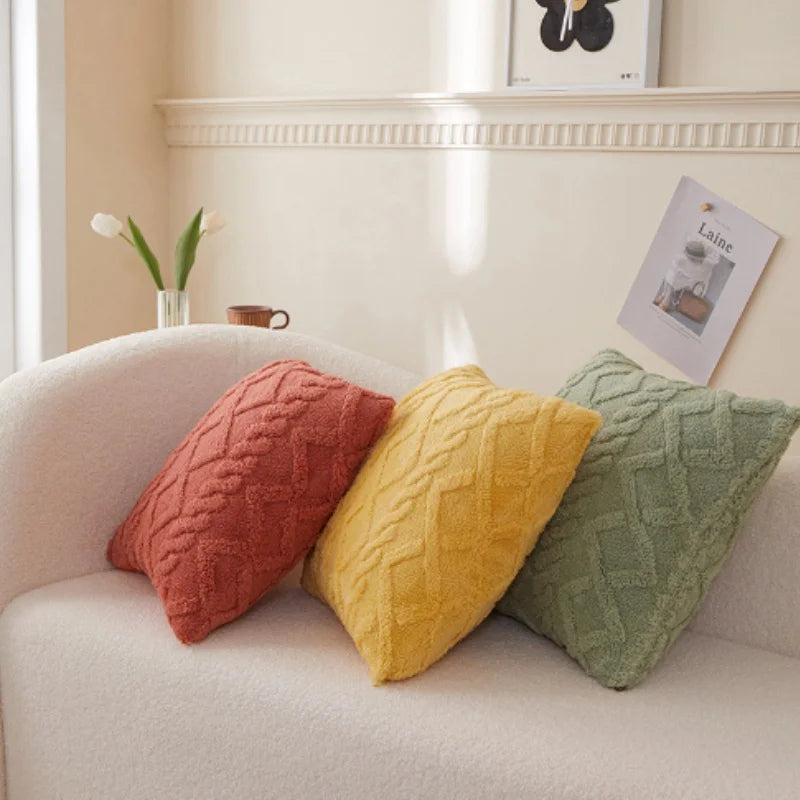 taies oreiller peluche jacquard géométrique couleurs rose beige bleu moderne salon chambre lit