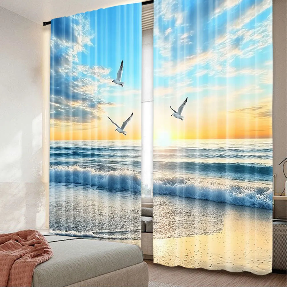 rideau moderne bleu blanc oiseaux volant paysage marin coucher soleil 100 polyester translucide pièces