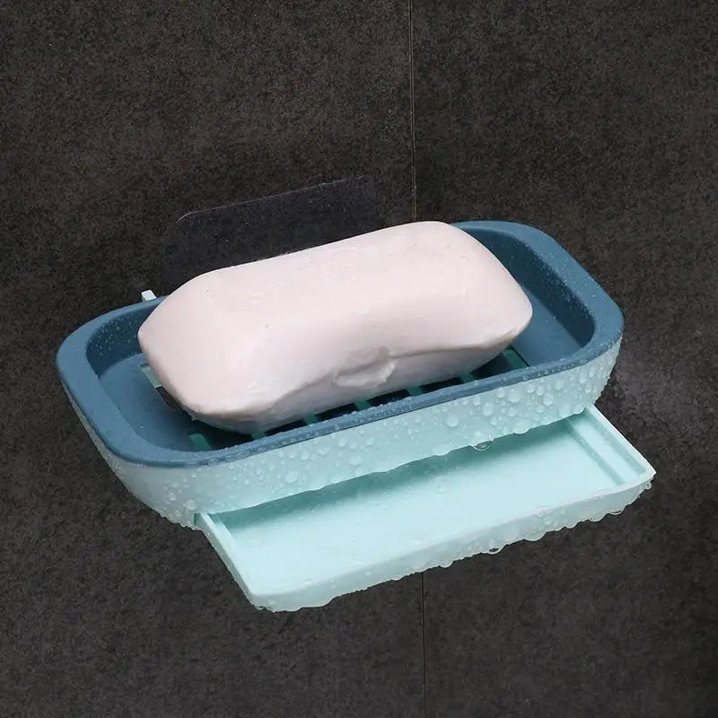 support savon moderne bleu jaune velcro drainage plateau rangement rose gris texture granulée