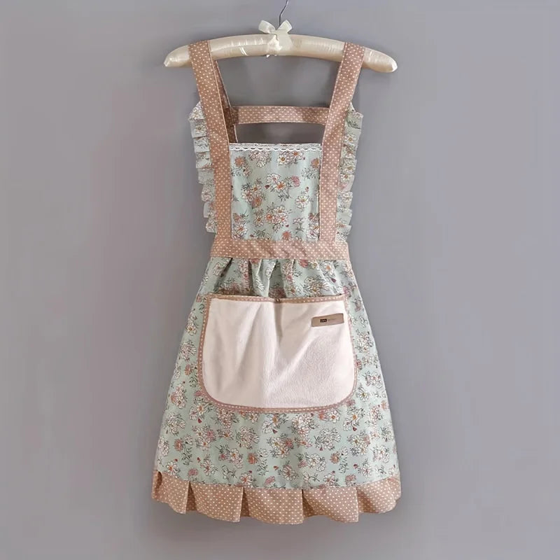 tablier cuisine rose vert pâle beige motifs floraux pois bretelles réglables poche frontale champêtre