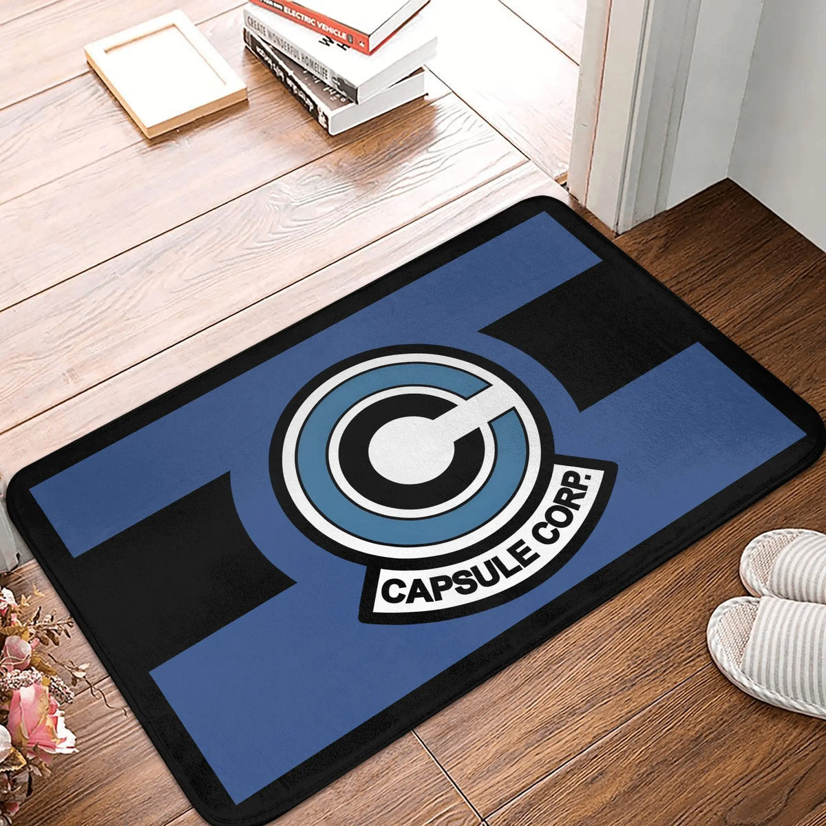 tapis sol antidérapant dragon ball capsule corp logo bleu noir moderne salon chambre