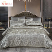 housse couette satin jacquard gris pivoines motif luxueux taies doreiller ensemble literie