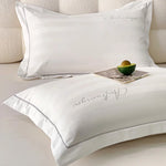 taies d'oreiller coton jacquard rayées élégantes lettres brodées blanc gris jaune bleuclair