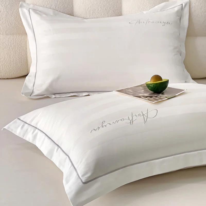 taies d'oreiller coton jacquard rayées élégantes lettres brodées blanc gris jaune bleuclair