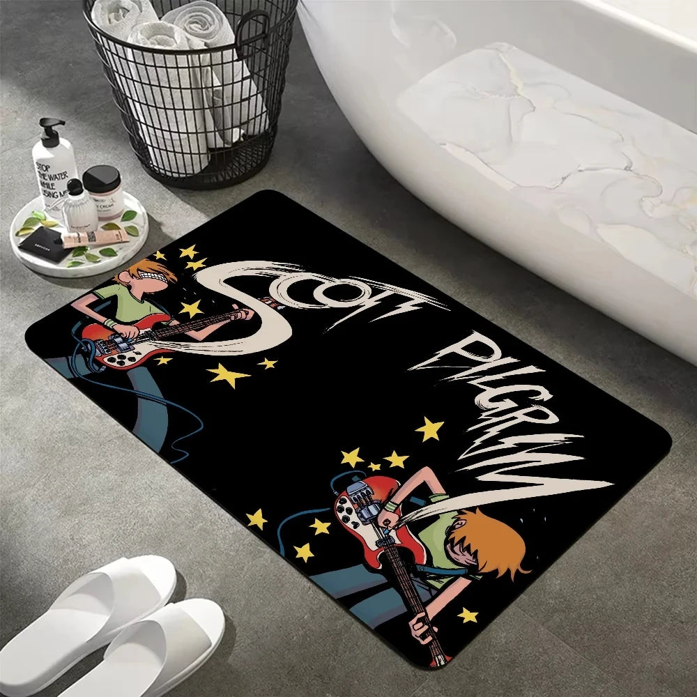 tapis bain dessin animé scott pilgrim noir orange blanc motifs pop art