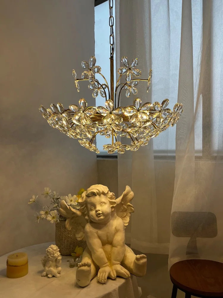 lustre suspendu cristal fleuri doré éclairage moderne chambre salon