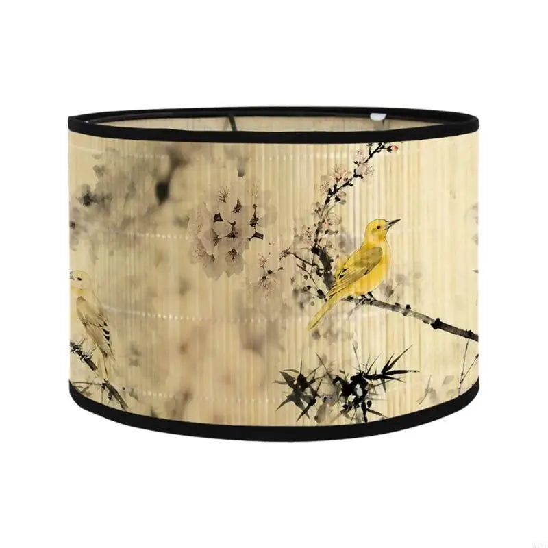 abat jour artisanal oiseaux fleurs branches beige noir jaune rose vert boucle métallique