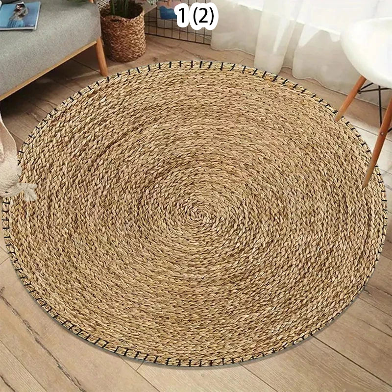tapis boho naturel tissé motifs géométriques spirale concentrique adhésif salon chambre 80x80cm 120x120cm