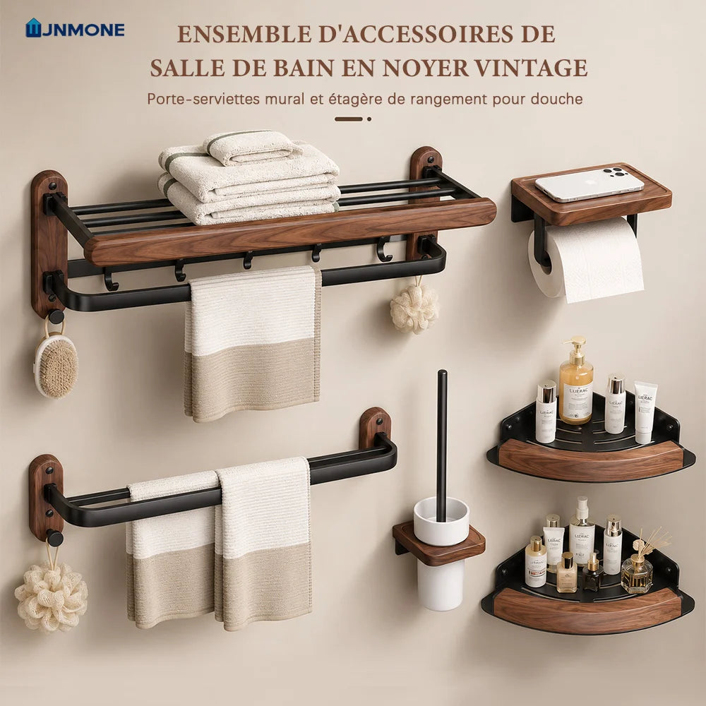 ensemble d'accessoires salle bain bois noyer noir vintage fixations métalliques robustes porte serviettes étagère