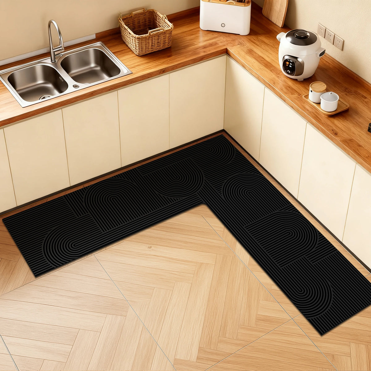 tapis noir antidérapant moderne sol intérieur cuisine salle bain porte linge main 150x45cm