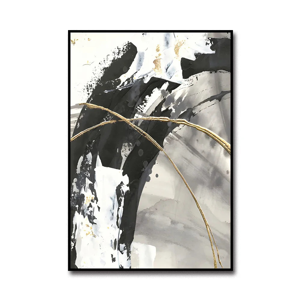 tableau abstrait contemporain noir blanc gris or peinture huile toile cadre doré chambre salon