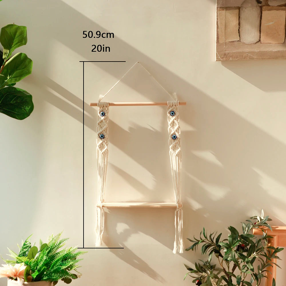 étagère murale bois macramé œil bleu boho chic pot fleurs blanc plante verte
