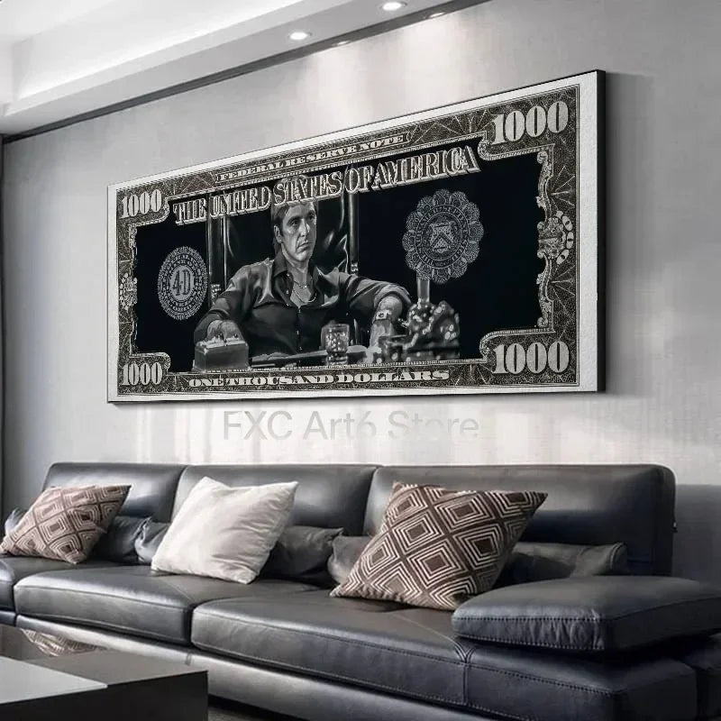 affiche impression toile billet banque tony montana scarface noir blanc cadre sans classique réaliste