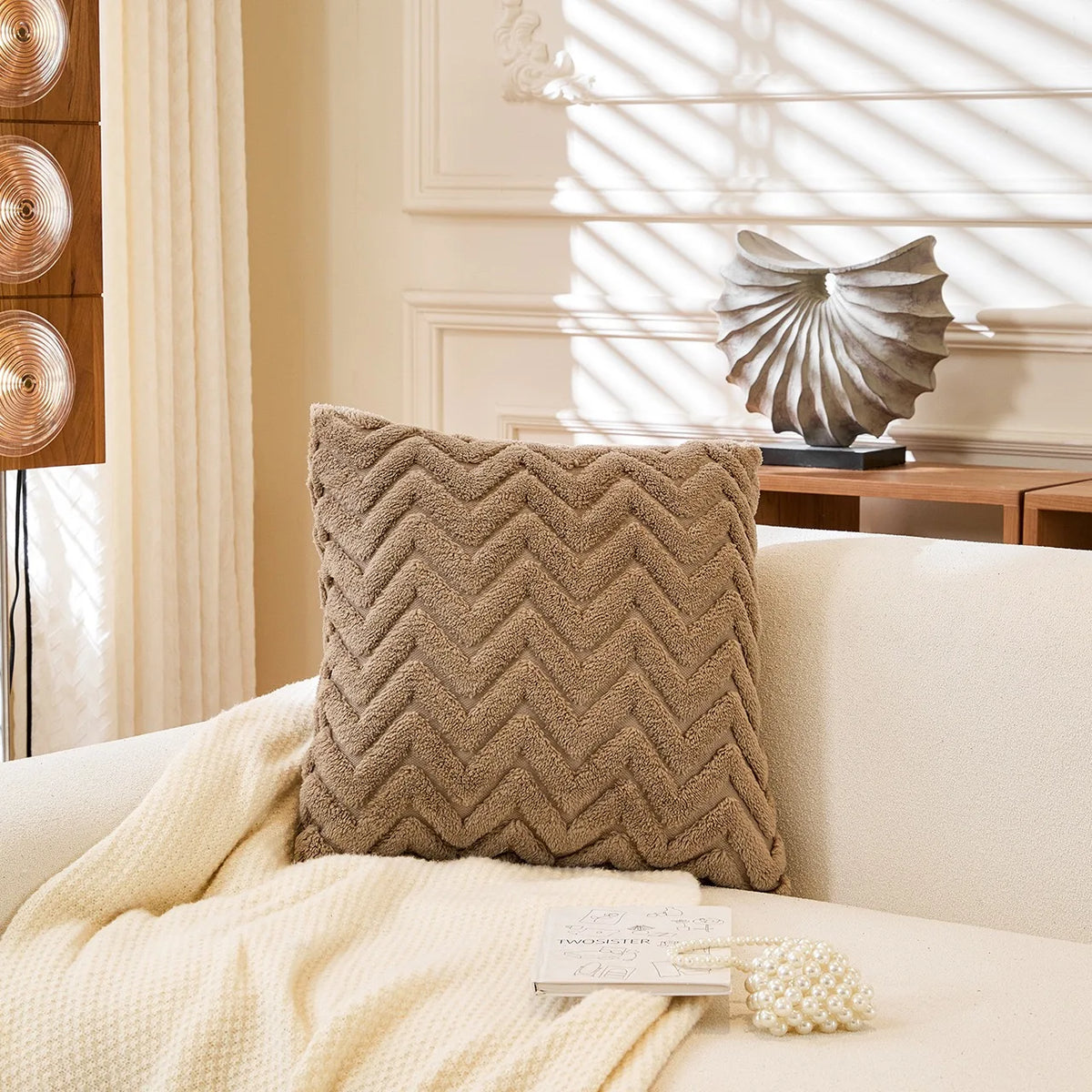 housses coussin polyester motif zigzag moderne rose beige gris jaune maison