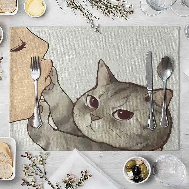 serviette table illustration chat mignon couleur beige gris rose toile lin respectueuse environnement