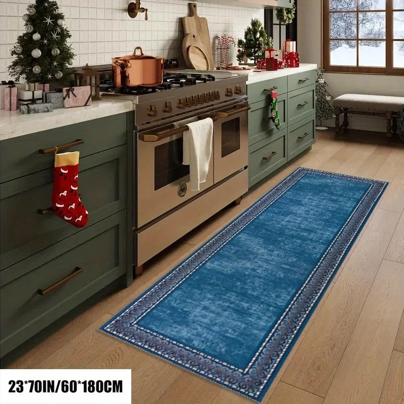 tapis bleu marine velouté motif géométrique salon couloir cuisine résistant intérieur classique vintage