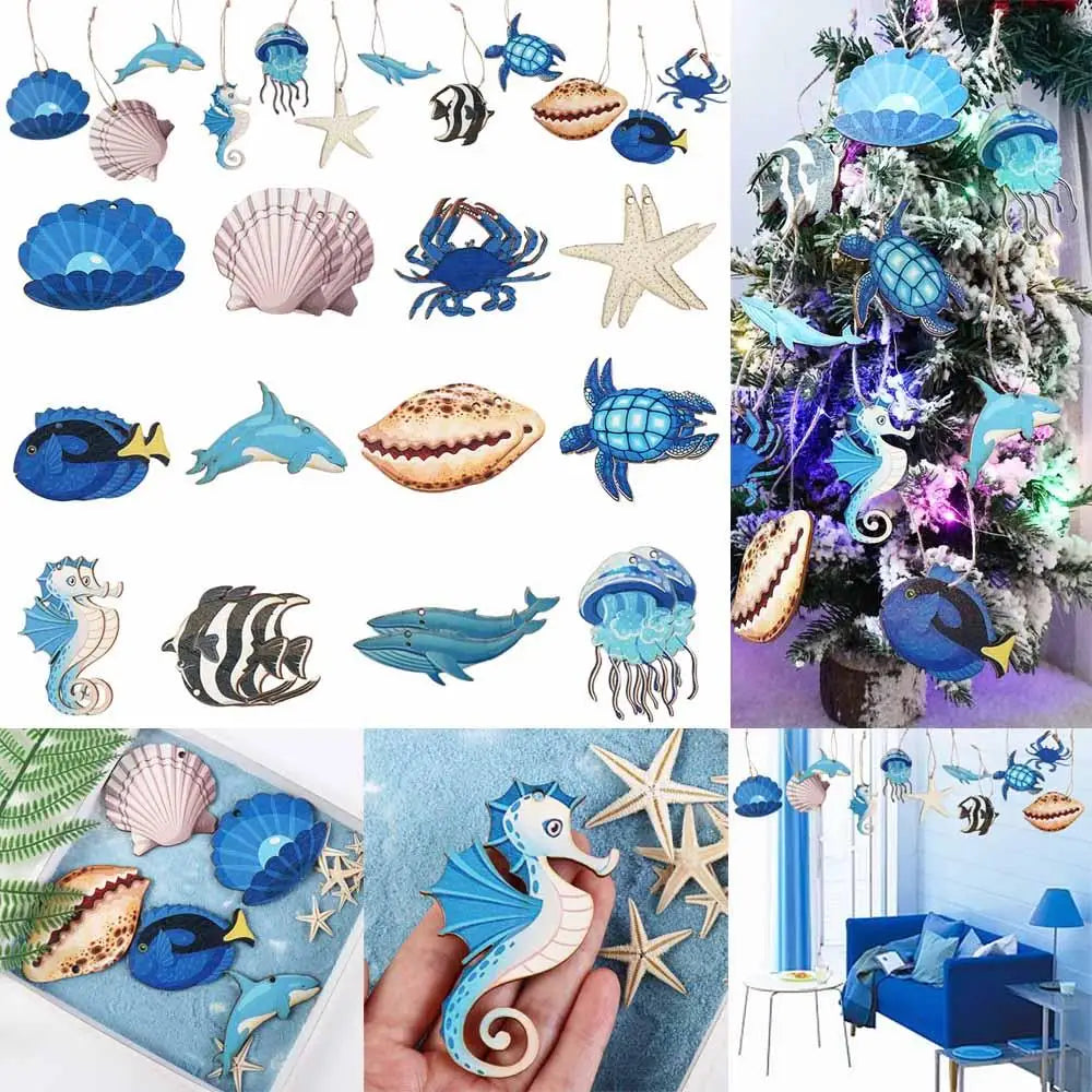 décorations noël thème marin bois coquillages hippocampes poissons crabes bleu beige marron artisanat festive