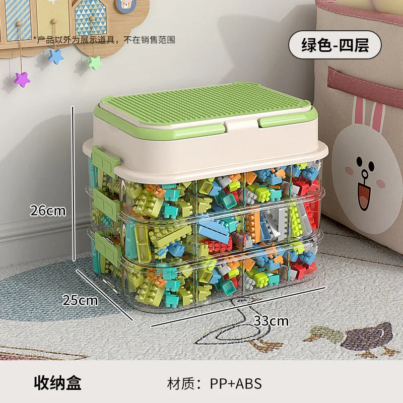 boîtes rangement jouets transparentes plaques lego like poignées couleurs blanc jaune vert bleu rouge
