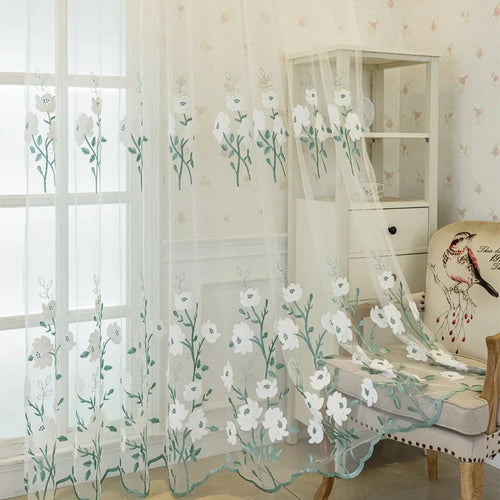 rideau transparent blanc vert fleurs brodées décoratif romantique anneaux fenêtre salon chambre