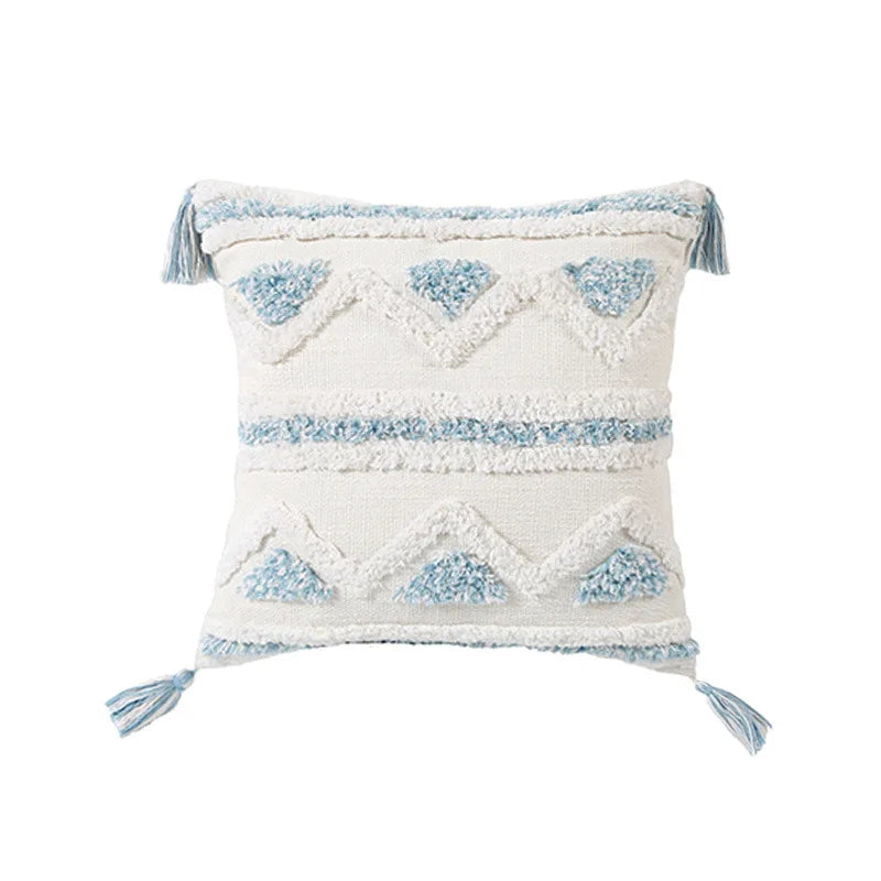 coussin decoratif bleu blanc motif geometrique moderne boho chic amovible lavable tassel adhésif coton