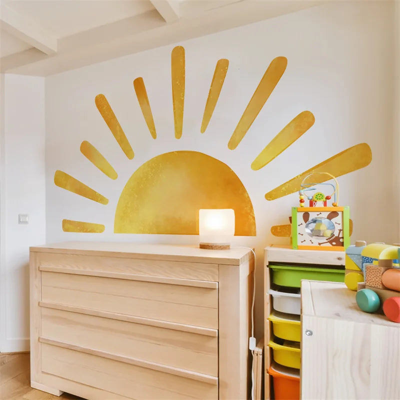 sticker mural moderne rayons solaires or jaune décoration chambre enfants Boho aquarelle autocollant vinyle