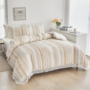housse couette bohème rayées pompons franges blanc cassé beige doré douce microfibre