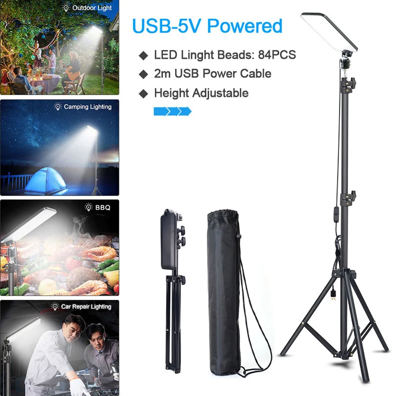 lampe led portable camping selfie moderne trepied noir sac transport adaptateur usb chargeur voiture