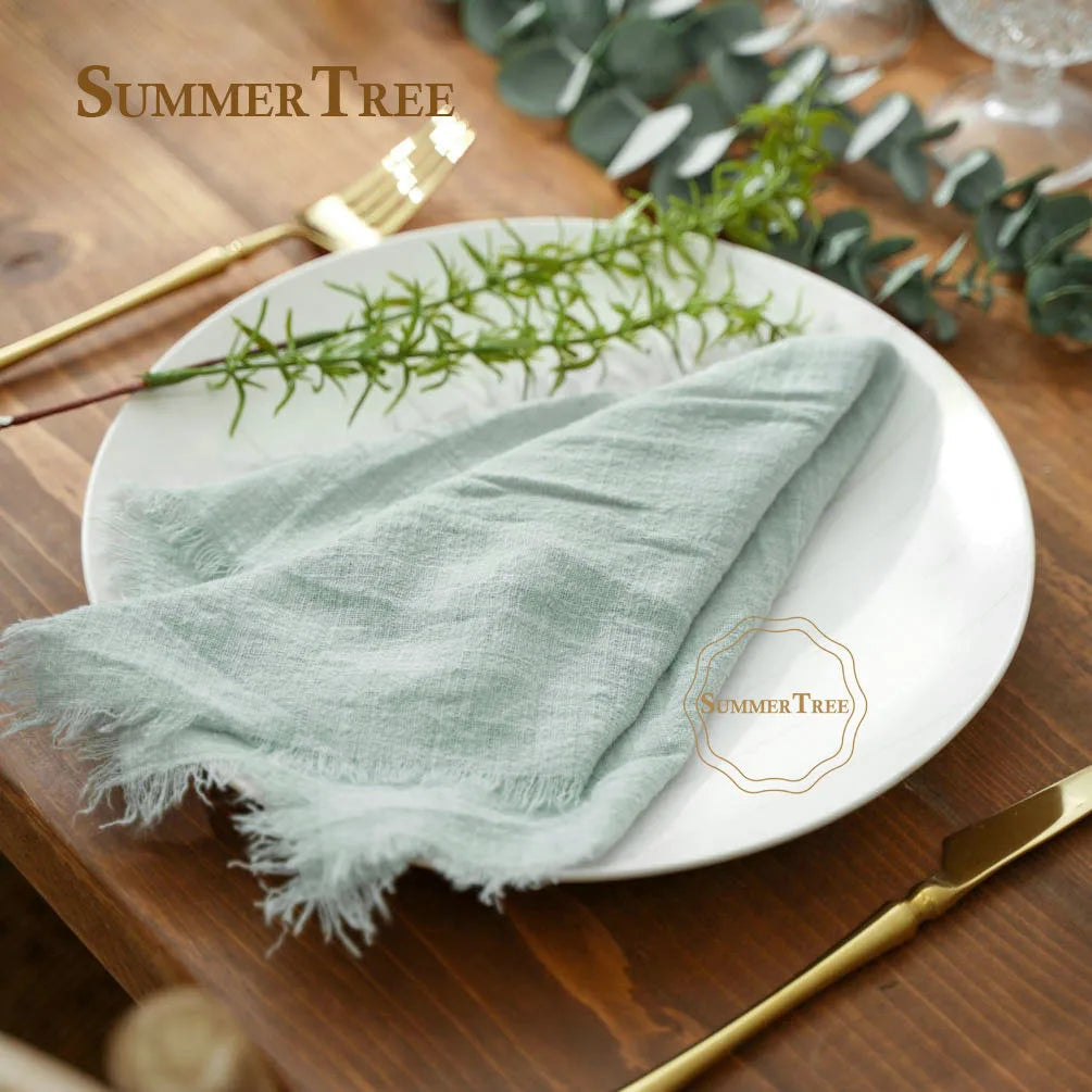 serviette coton beige rose blanc tissage fin bordures frangées rustique naturel