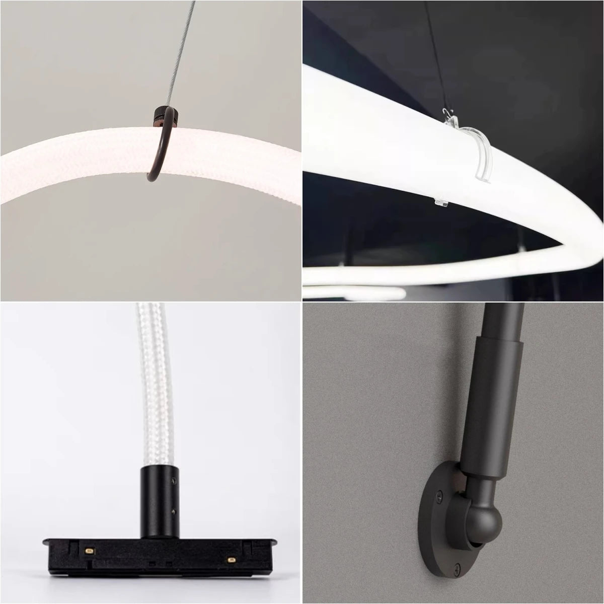 bases tube néon blanc led lisse moderne clips fixation câbles connexion accessoire lumineux minimaliste