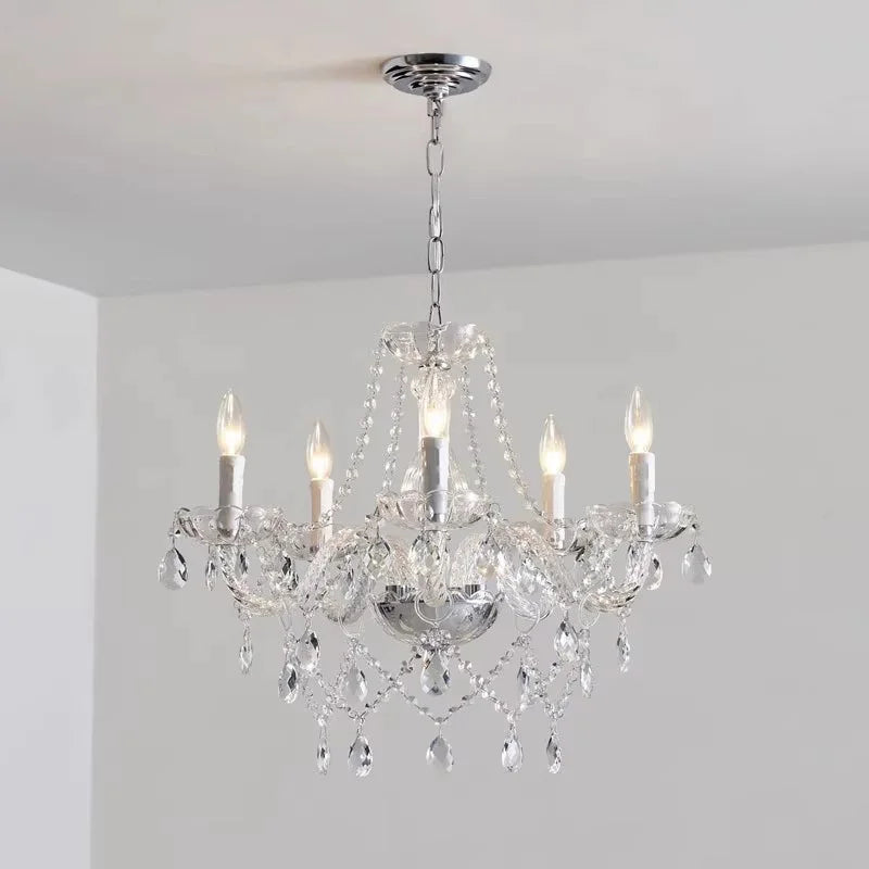 chandelier classique élégant argenté transparent chaîne 48cm diamètre 150cm longueur ampoules led